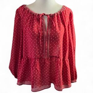 Nwt, Max Studio Red Polka Dot Peasant Blouse with Tie Neck